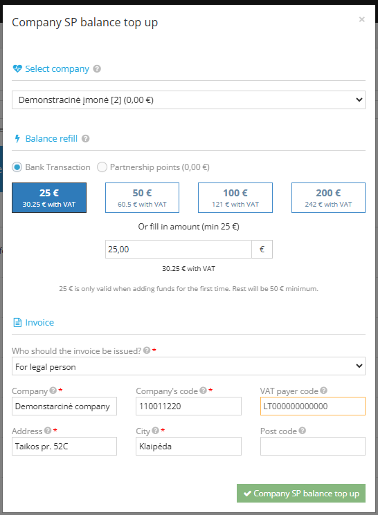 Balance top-up details form